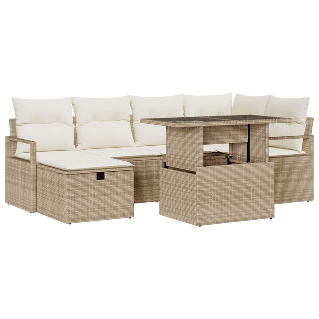Havesofa Sæt med pude med opbevaring 7 pcs Beige Poly rattan