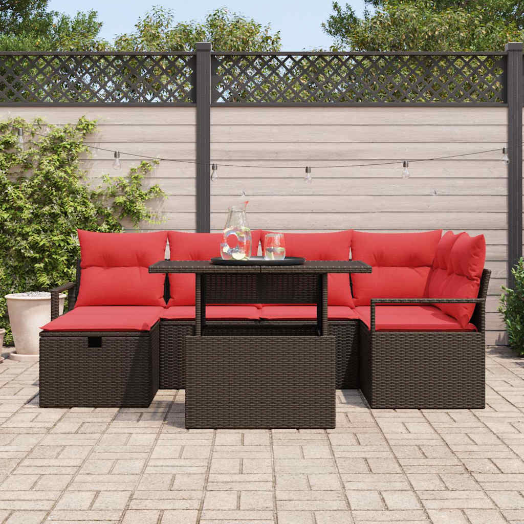 Havesofa Sæt med pude med opbevaring 7 pcs Brun Poly rattan