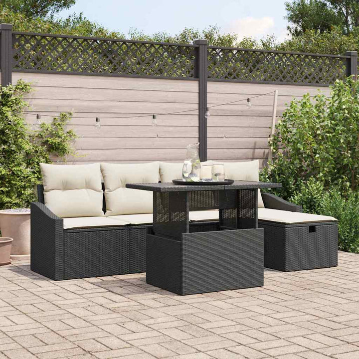 Havesofa Sæt med pude 6 pcs Sort polyrattan