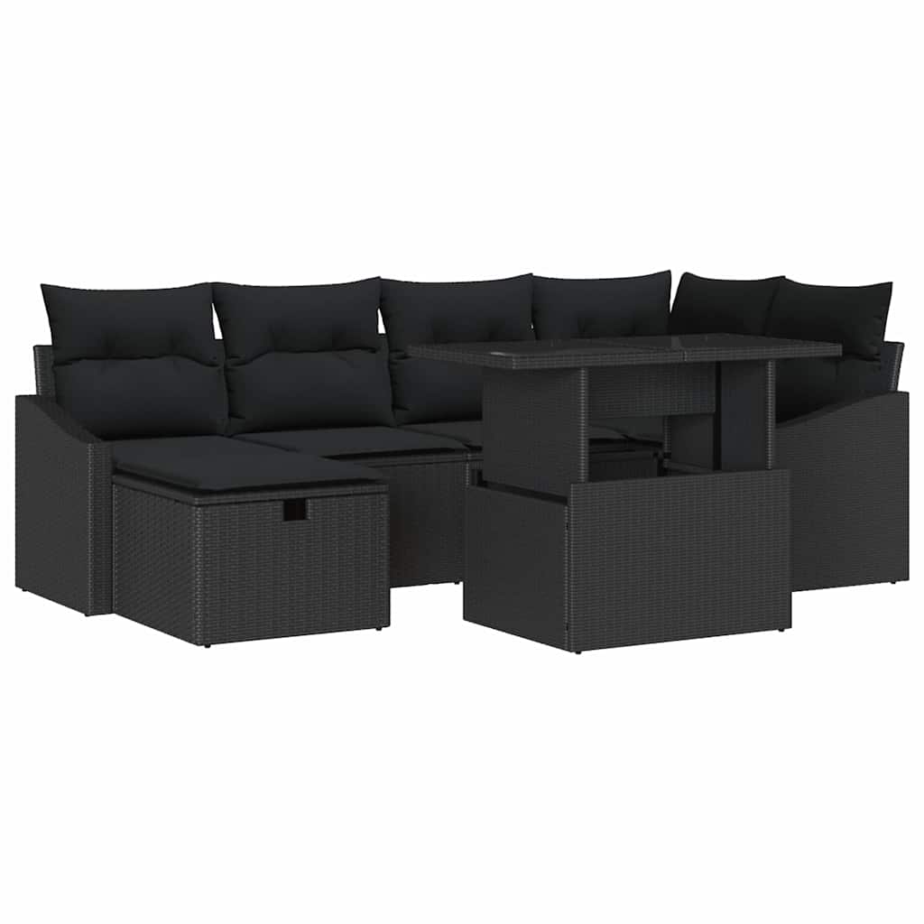 Havesofa Sæt med pude 7 pcs Sort polyrattan