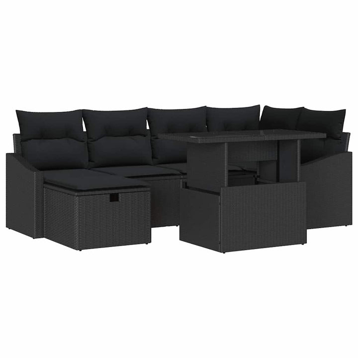 Havesofa Sæt med pude 7 pcs Sort polyrattan