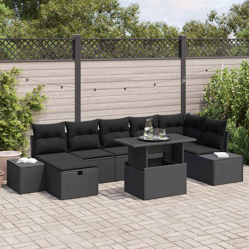 Havesofa Sæt 8 pcs Sort polyrattan