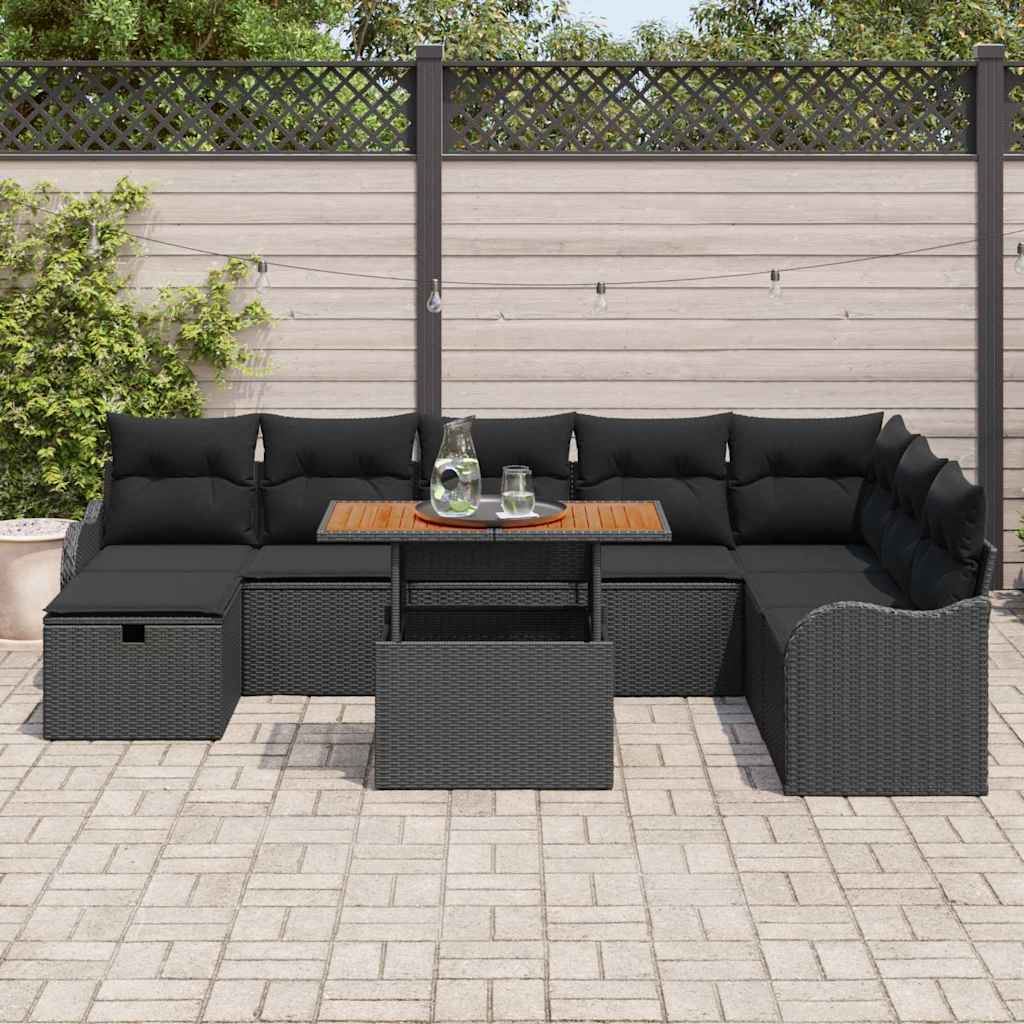 Havesofa Sæt med pude med opbevaring 9 pcs Sort polyrattan