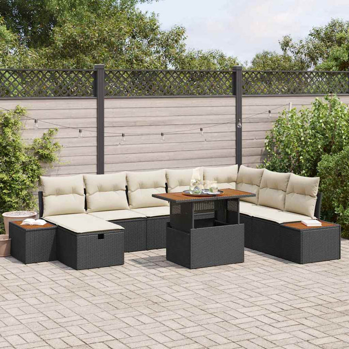 Havesofa Sæt med pude med opbevaring 9 pcs Sort polyrattan