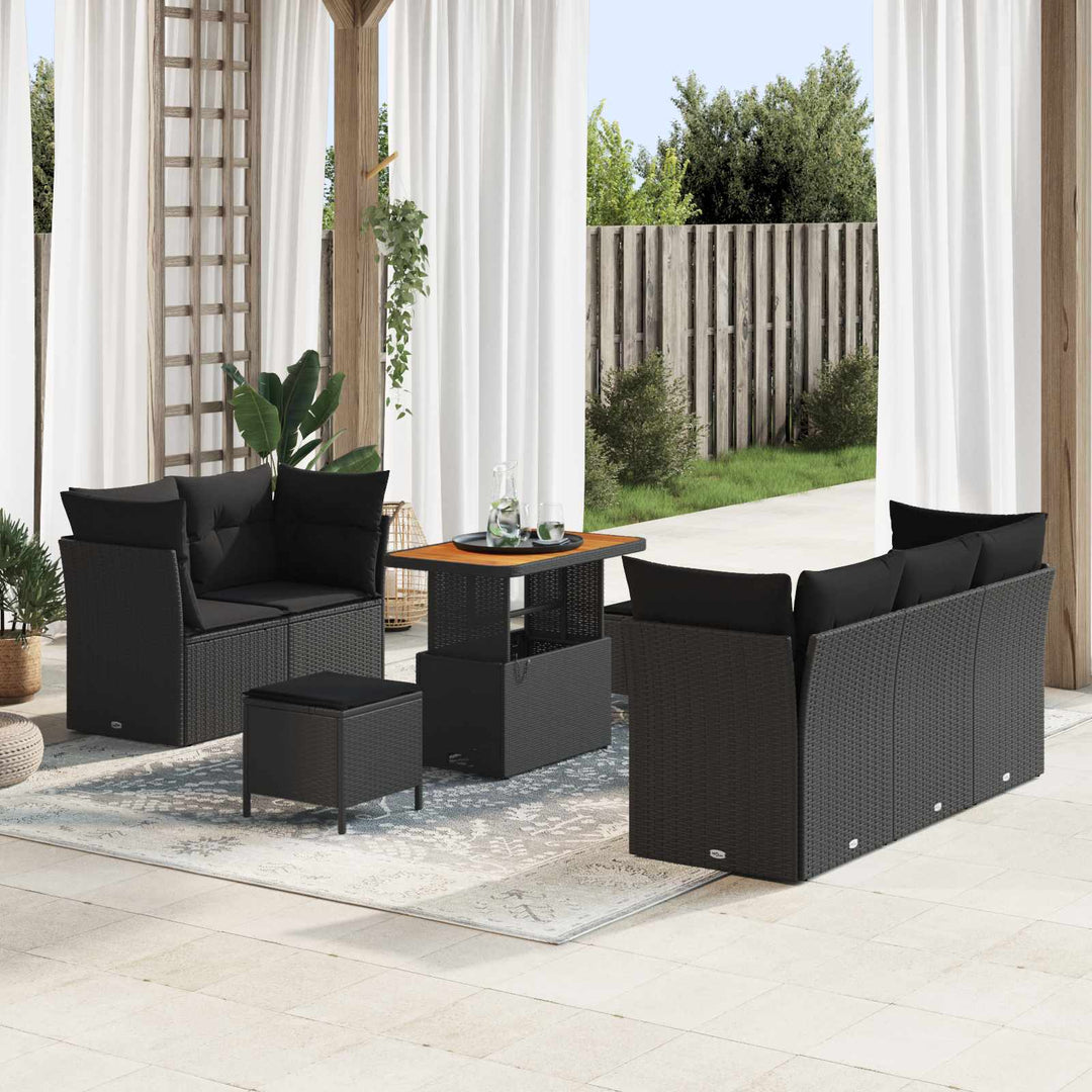 Havesofa Sæt med pude 8 pcs Sort polyrattan