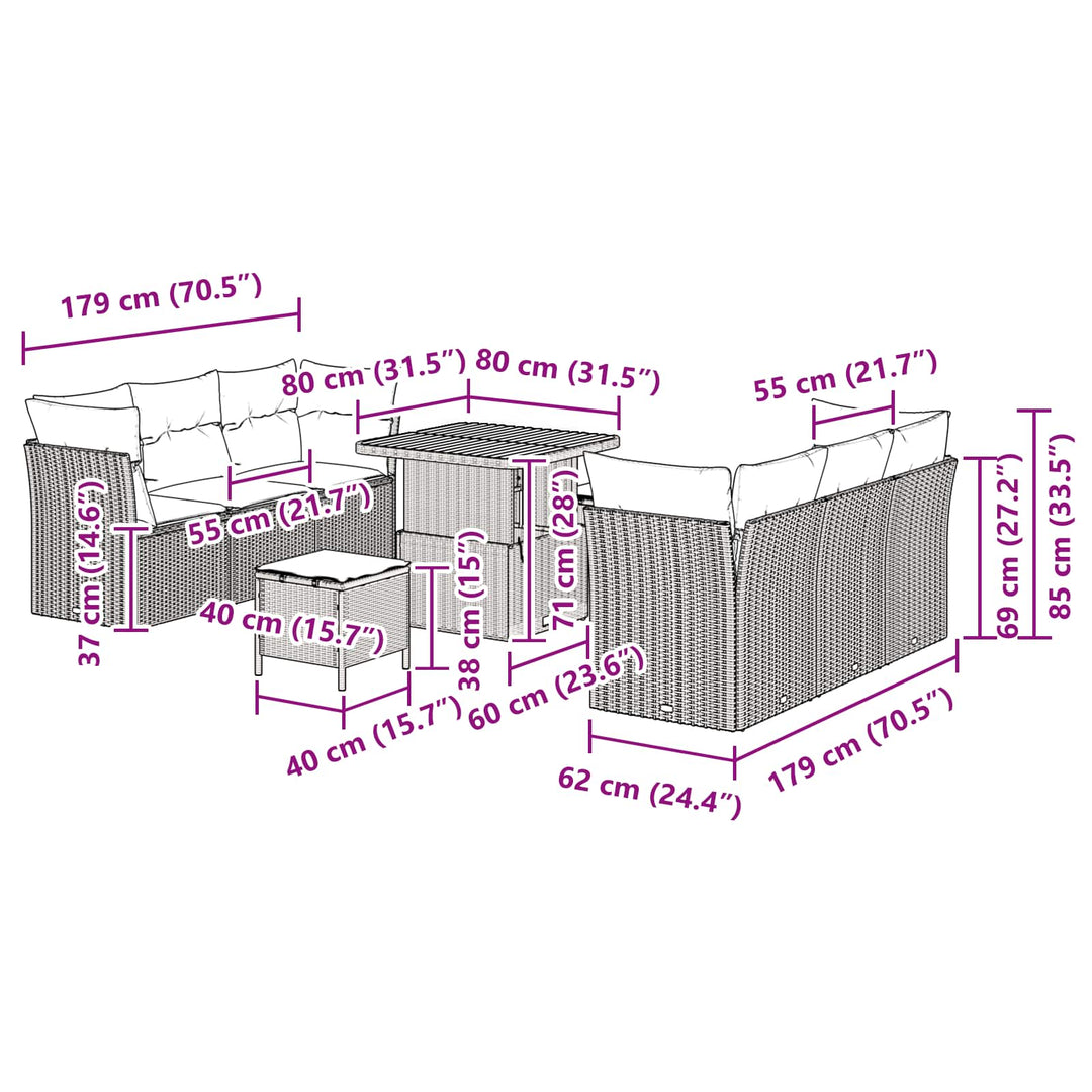 Havesofa Sæt 9 pcs Sort polyrattan