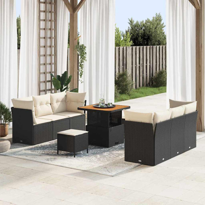 Havesofa Sæt med pude 9 pcs Sort polyrattan