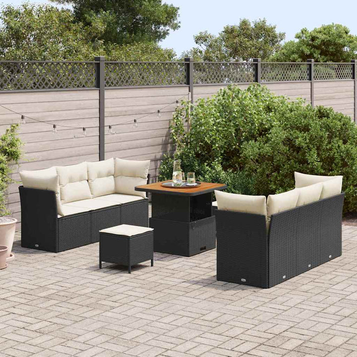 Havesofa Sæt med pude 9 pcs Sort polyrattan