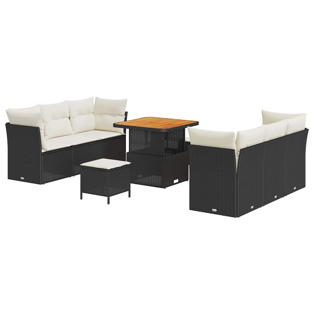 Havesofa Sæt med pude 9 pcs Sort polyrattan