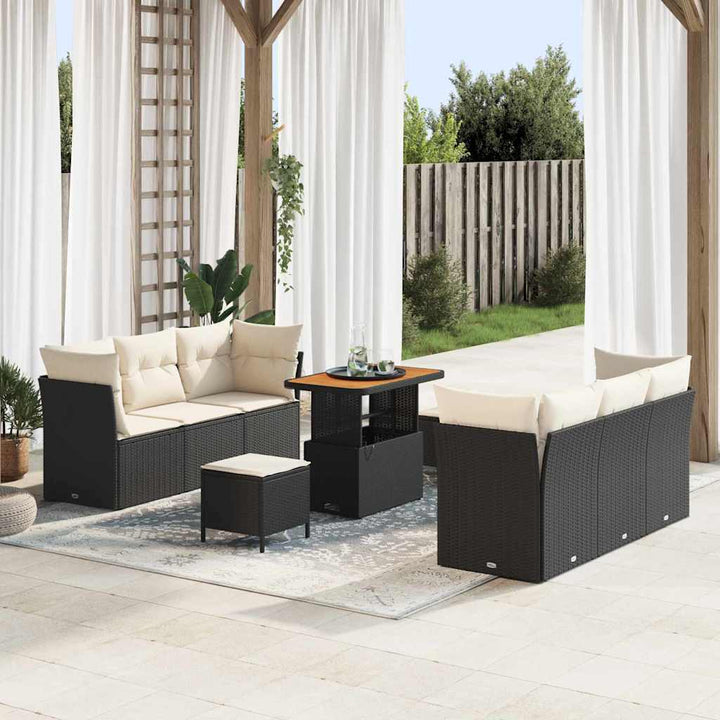 Havesofa Sæt med pude 9 pcs Sort polyrattan