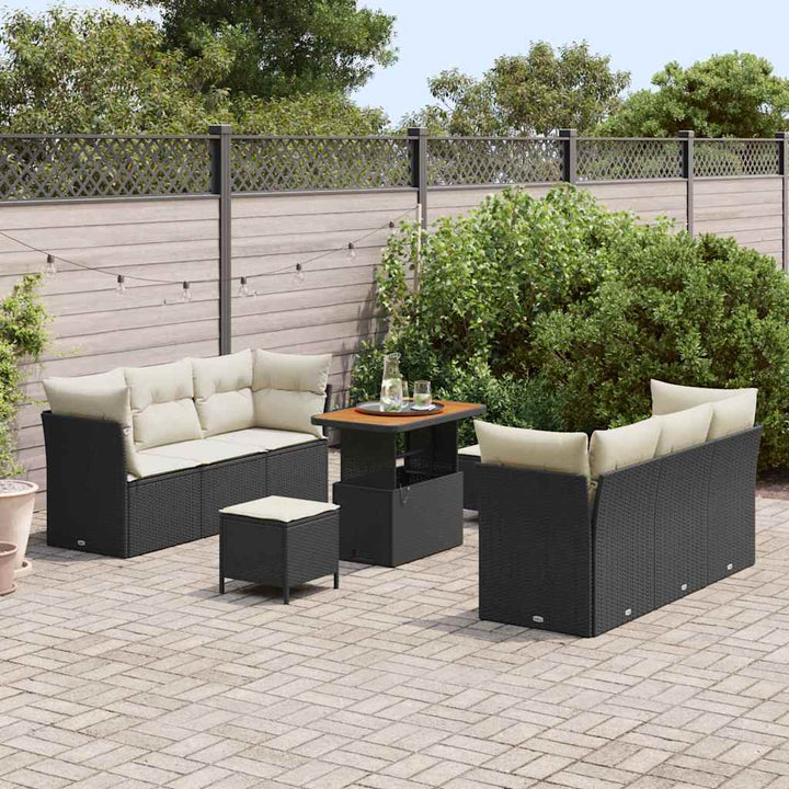 Havesofa Sæt med pude 9 pcs Sort polyrattan