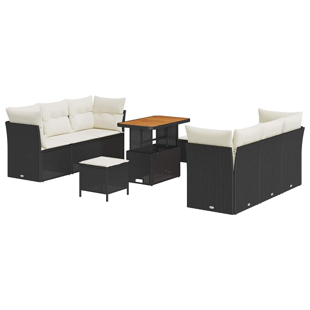 Havesofa Sæt med pude 9 pcs Sort polyrattan