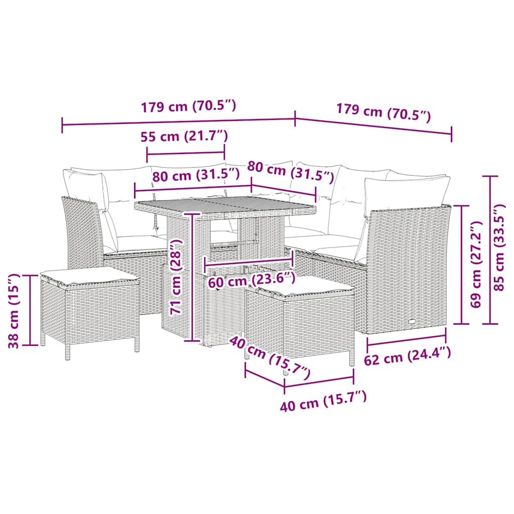 Havesofa Sæt 8 stk. Sort polyrattan