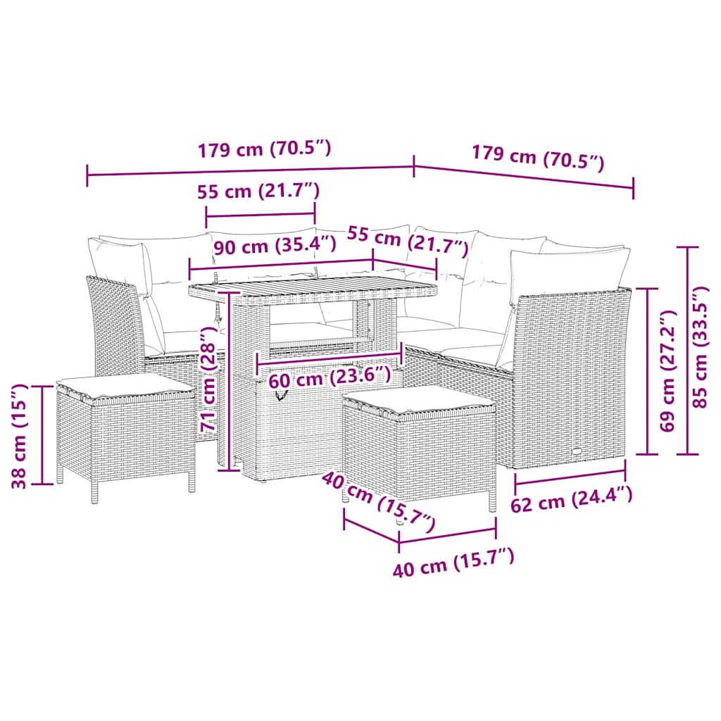 Havesofa Sæt 8 stk. Sort polyrattan