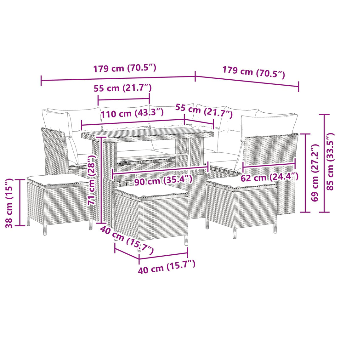 Havesofa Sæt 9 pcs Sort polyrattan