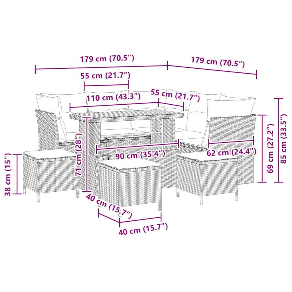 Havesofa Sæt 9 stk. Sort polyrattan