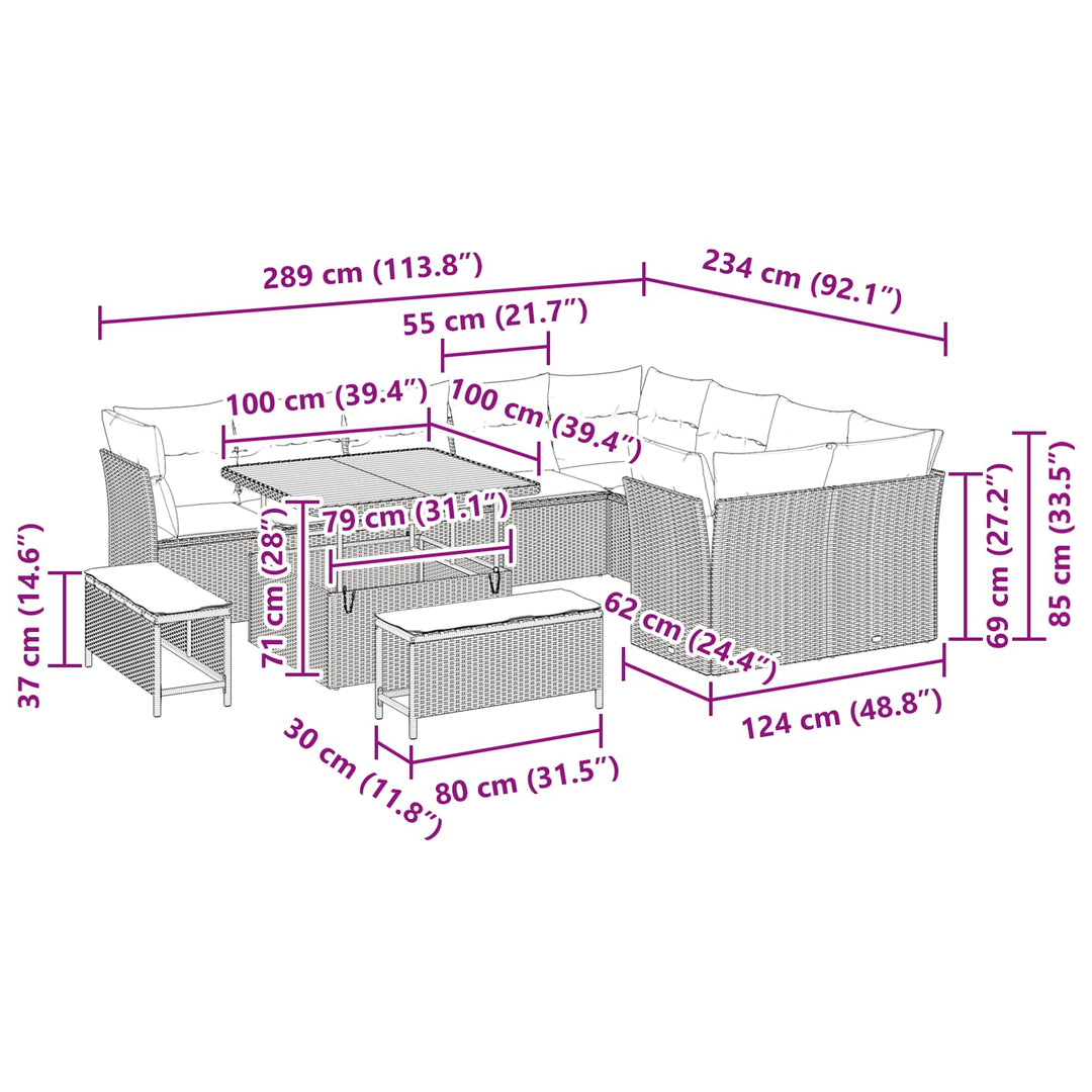 Havesofa Sæt 12 pcs Sort polyrattan