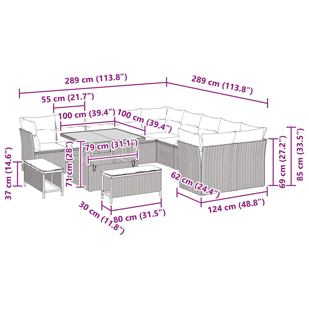 Havesofa Sæt 13 pcs Sort polyrattan
