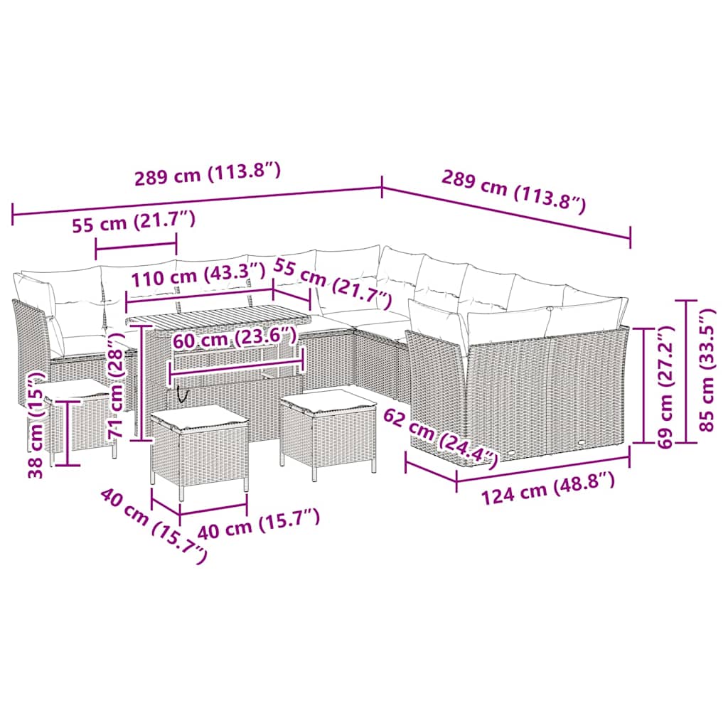 Havesofa Sæt 14 pcs Sort polyrattan