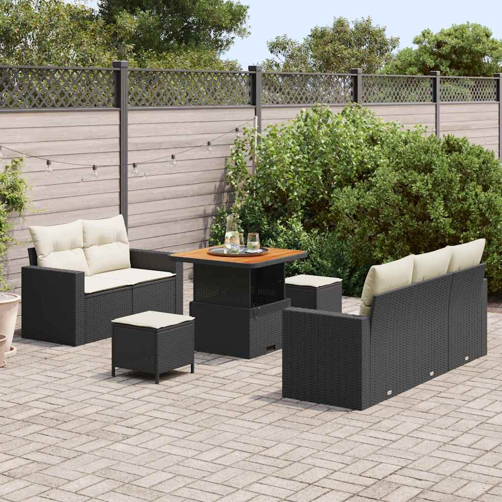 Havesofa Sæt med pude 8 pcs Sort polyrattan
