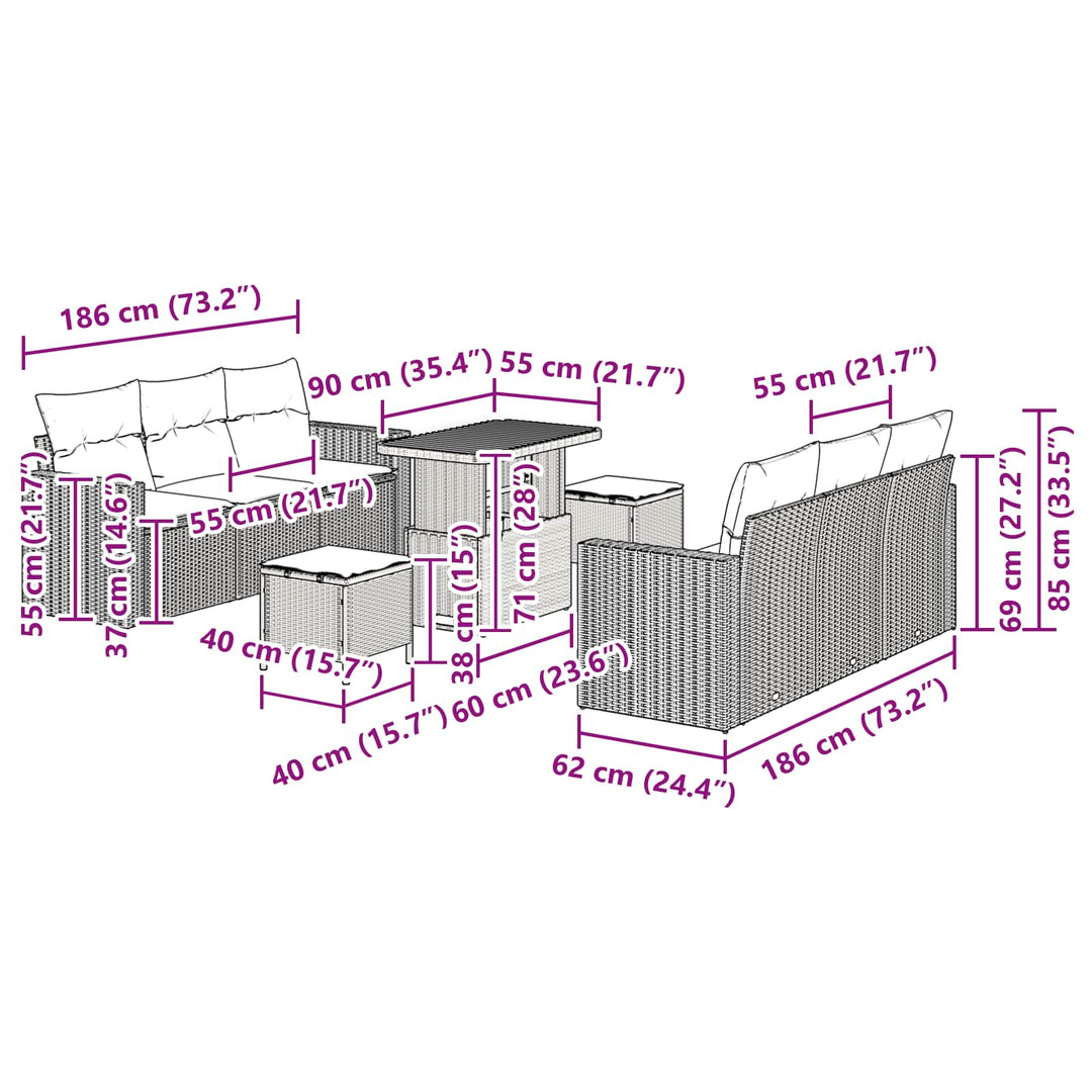 Havesofa Sæt 9 pcs Sort polyrattan