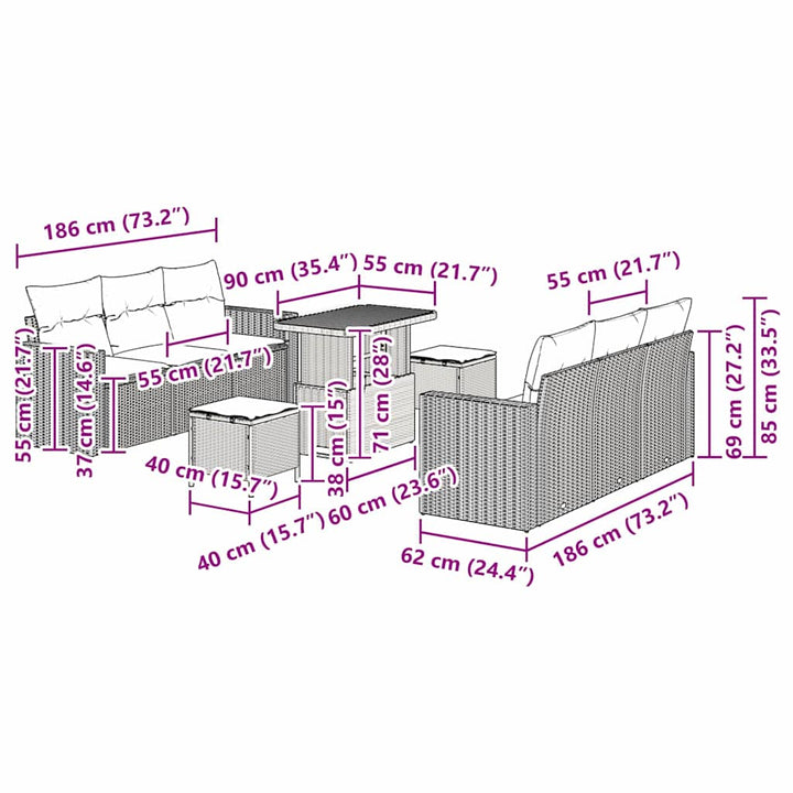 Havesofa Sæt 9 pcs Sort polyrattan