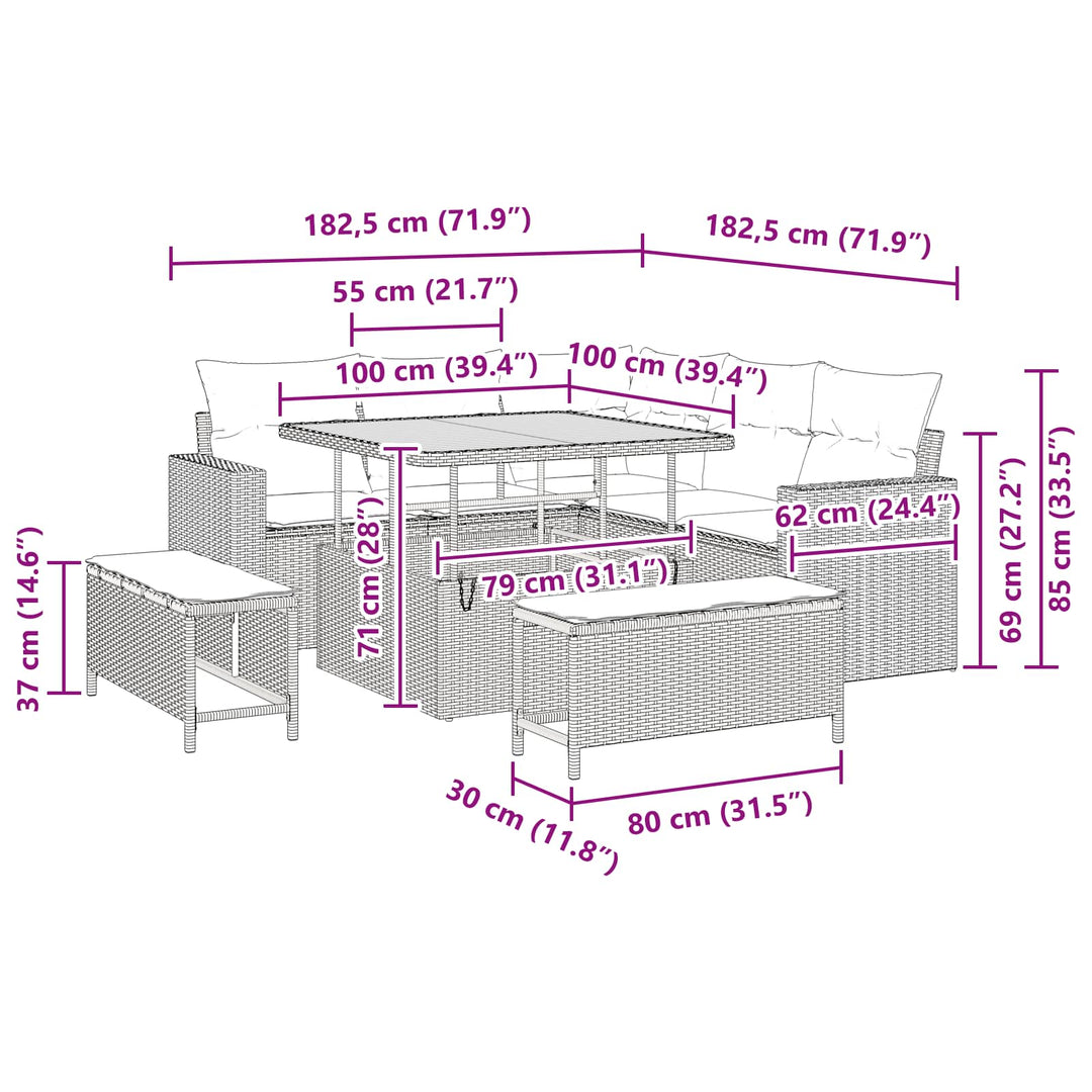 Havesofa Sæt 8 pcs Sort polyrattan