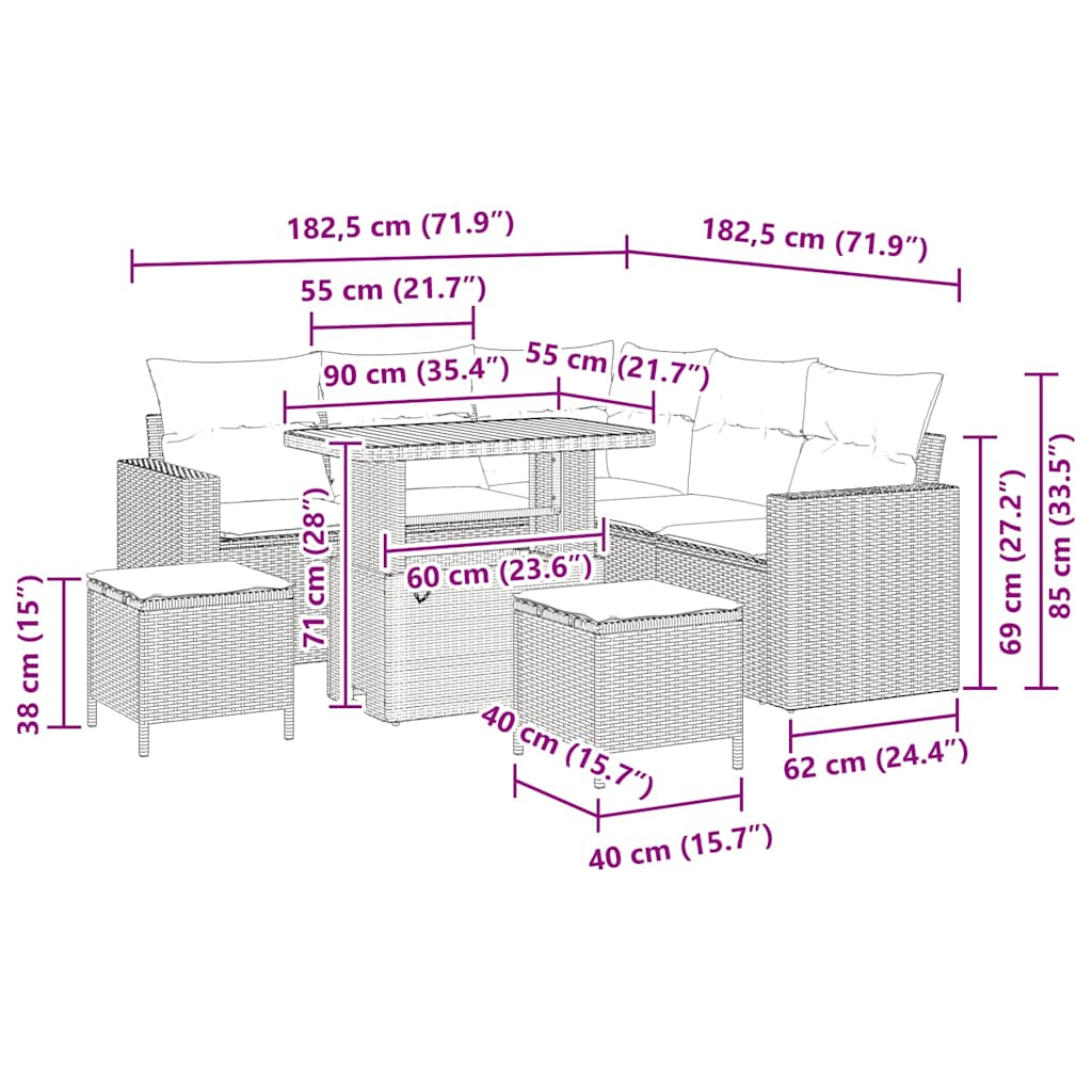 Havesofa Sæt 8 stk. Sort polyrattan