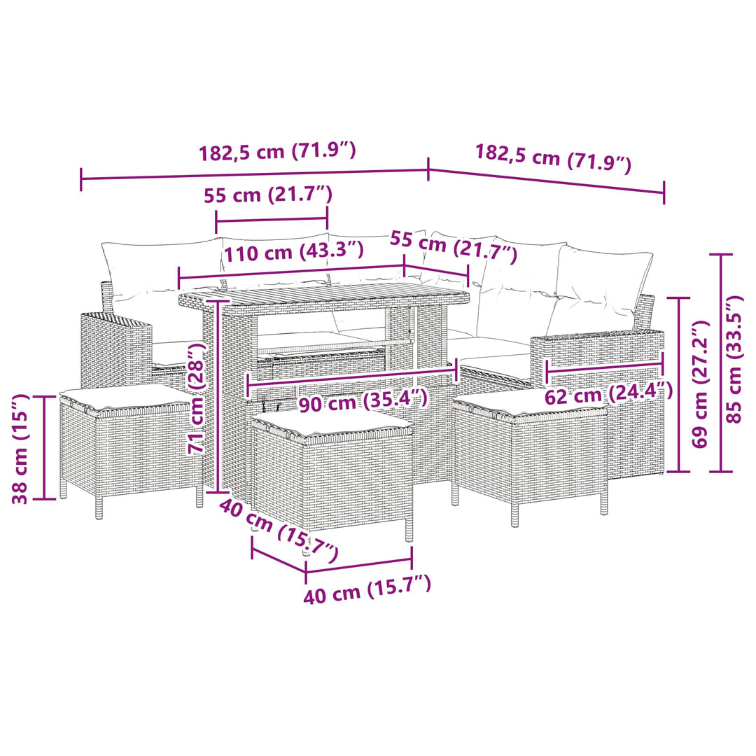 Havesofa Sæt 9 pcs Sort polyrattan