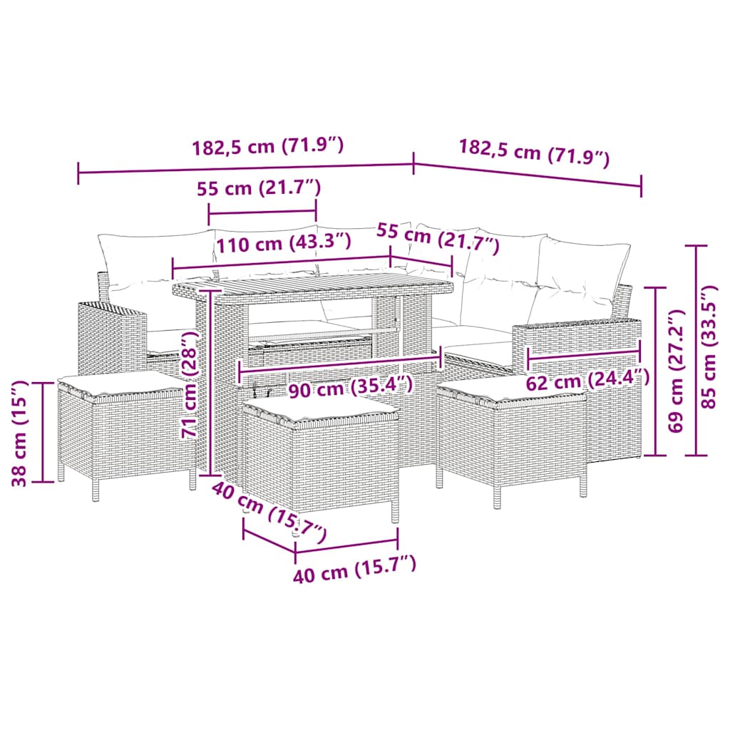 Havesofa Sæt 9 stk. Sort polyrattan