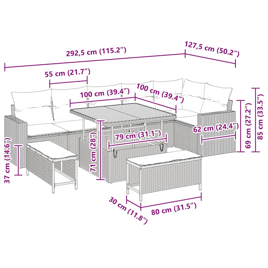 Havesofa Sæt 9 pcs Sort polyrattan