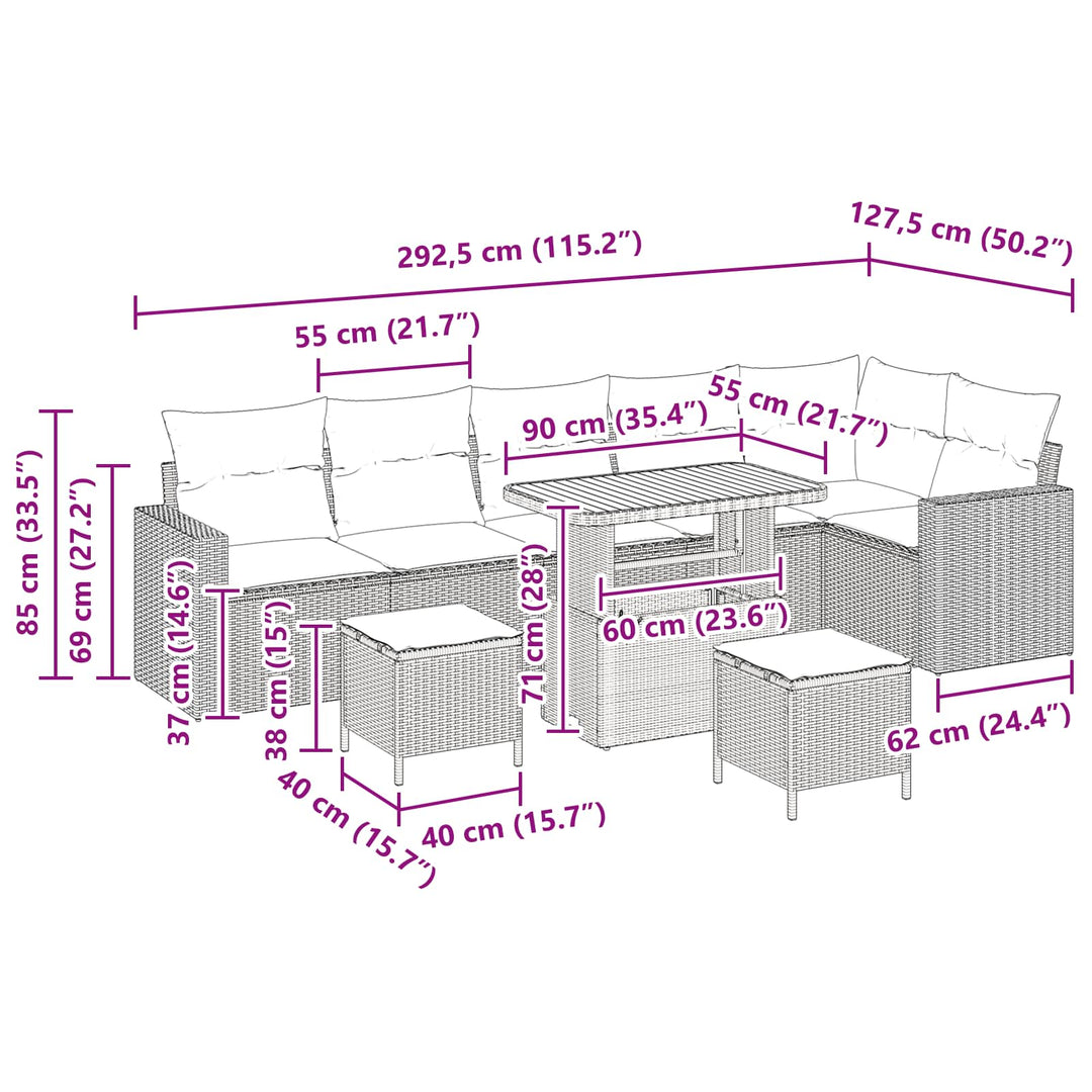 Havesofa Sæt 9 pcs Sort polyrattan