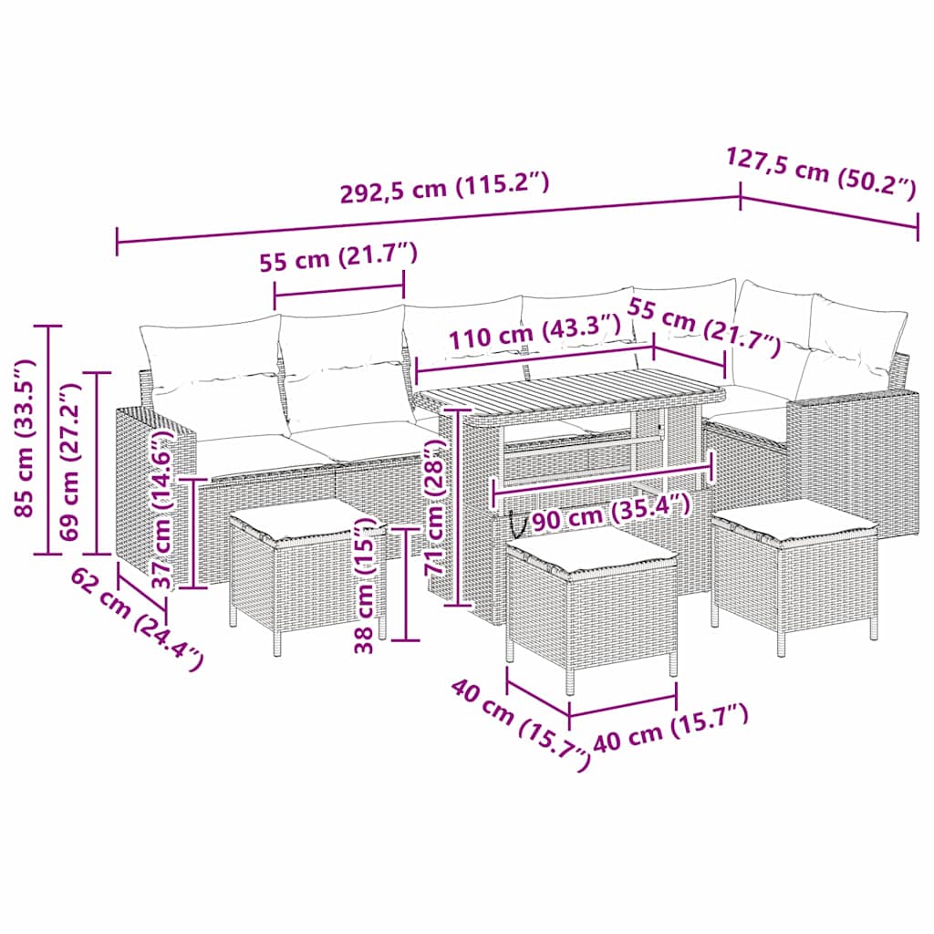 Havesofa Sæt 10 pcs Sort polyrattan