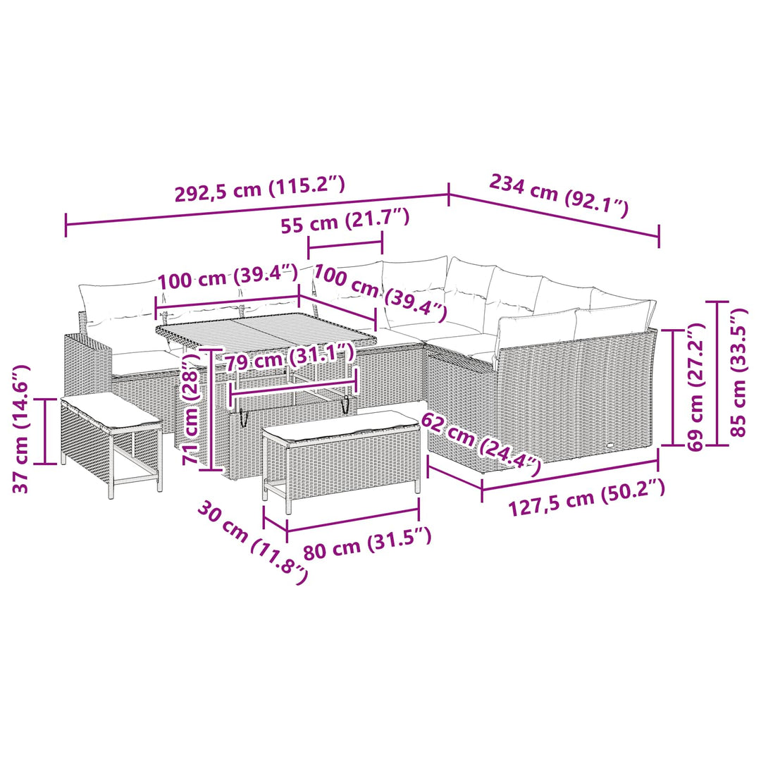 Havesofa Sæt 12 pcs Sort polyrattan