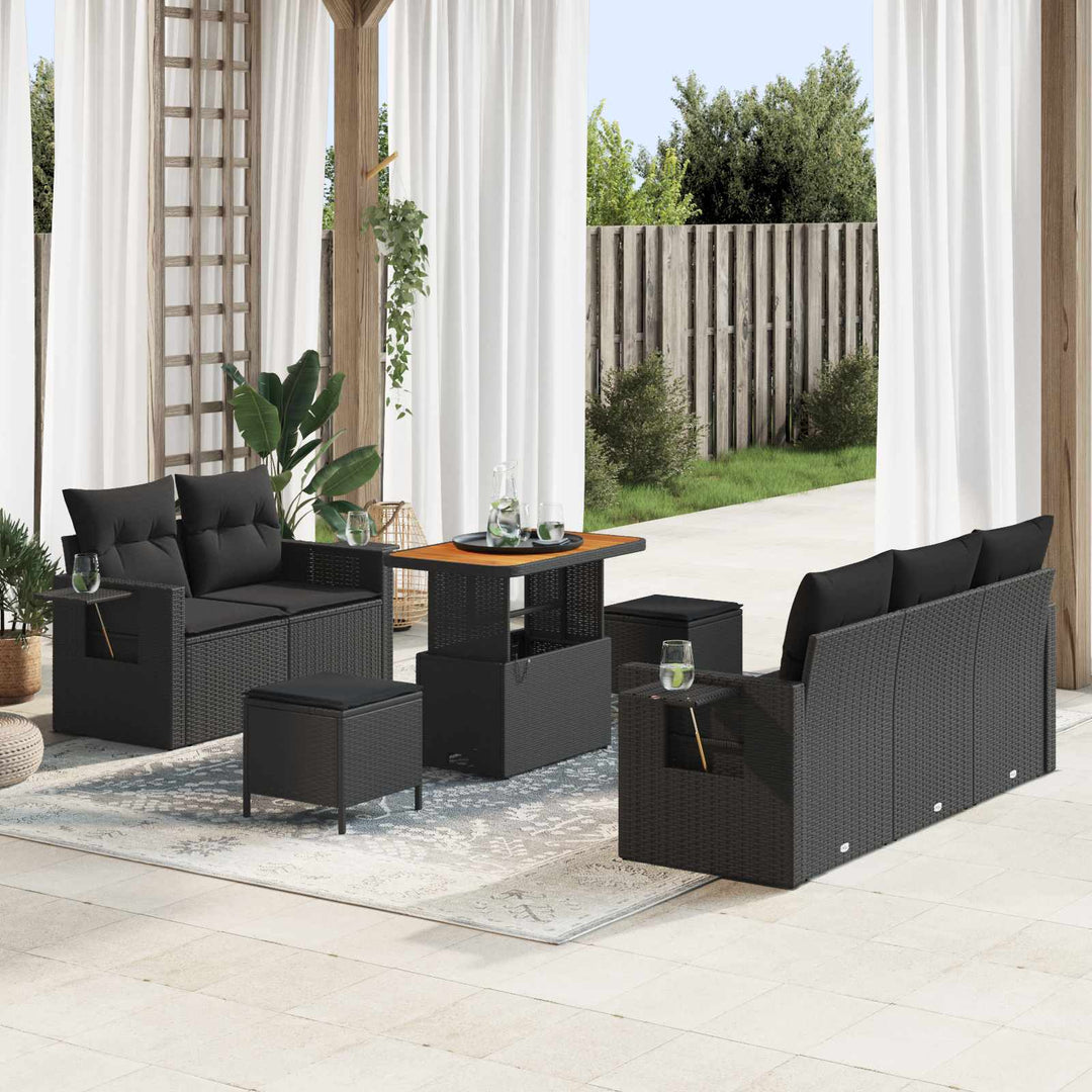 Havesofa Sæt med pude 8 pcs Sort polyrattan