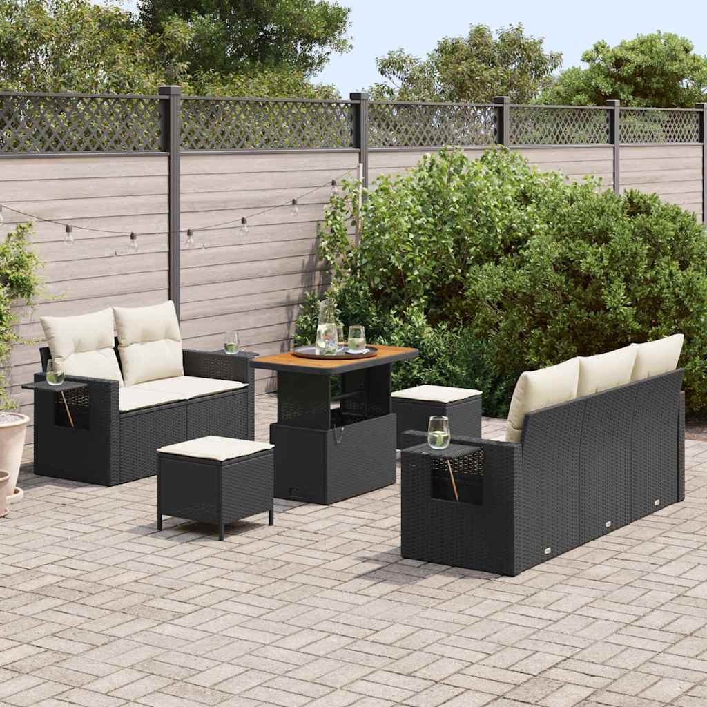 Havesofa Sæt med pude 8 pcs Sort polyrattan