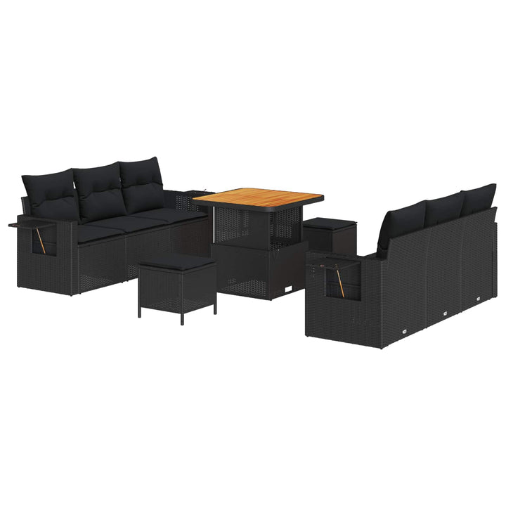 Havesofa Sæt med pude 9 pcs Sort polyrattan