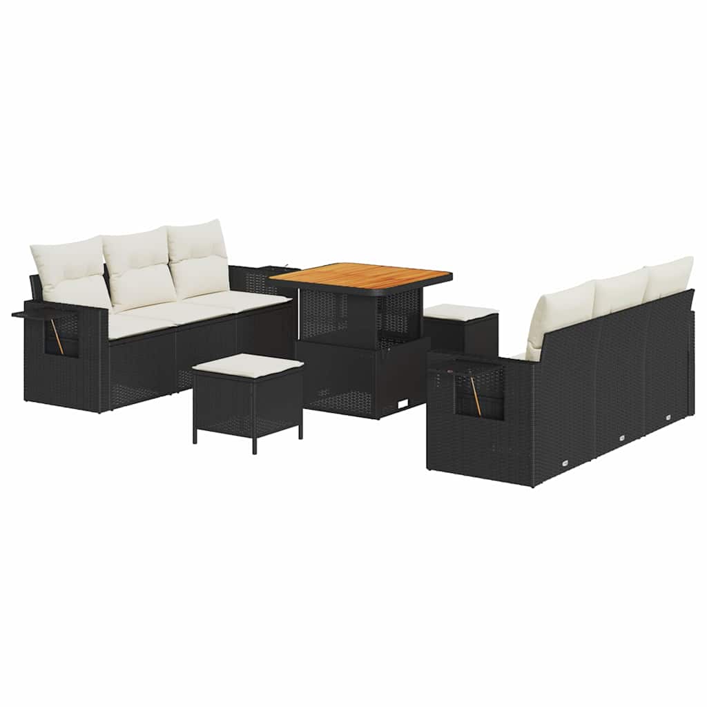 Havesofa Sæt med pude 9 pcs Sort polyrattan