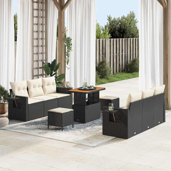 Havesofa Sæt med pude 9 pcs Sort polyrattan