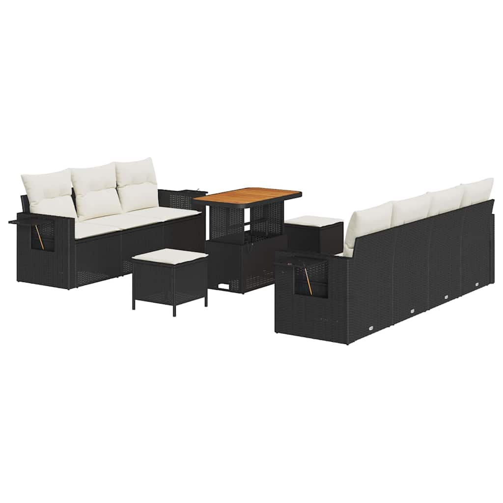 Havesofa Sæt med pude 10 pcs Sort polyrattan