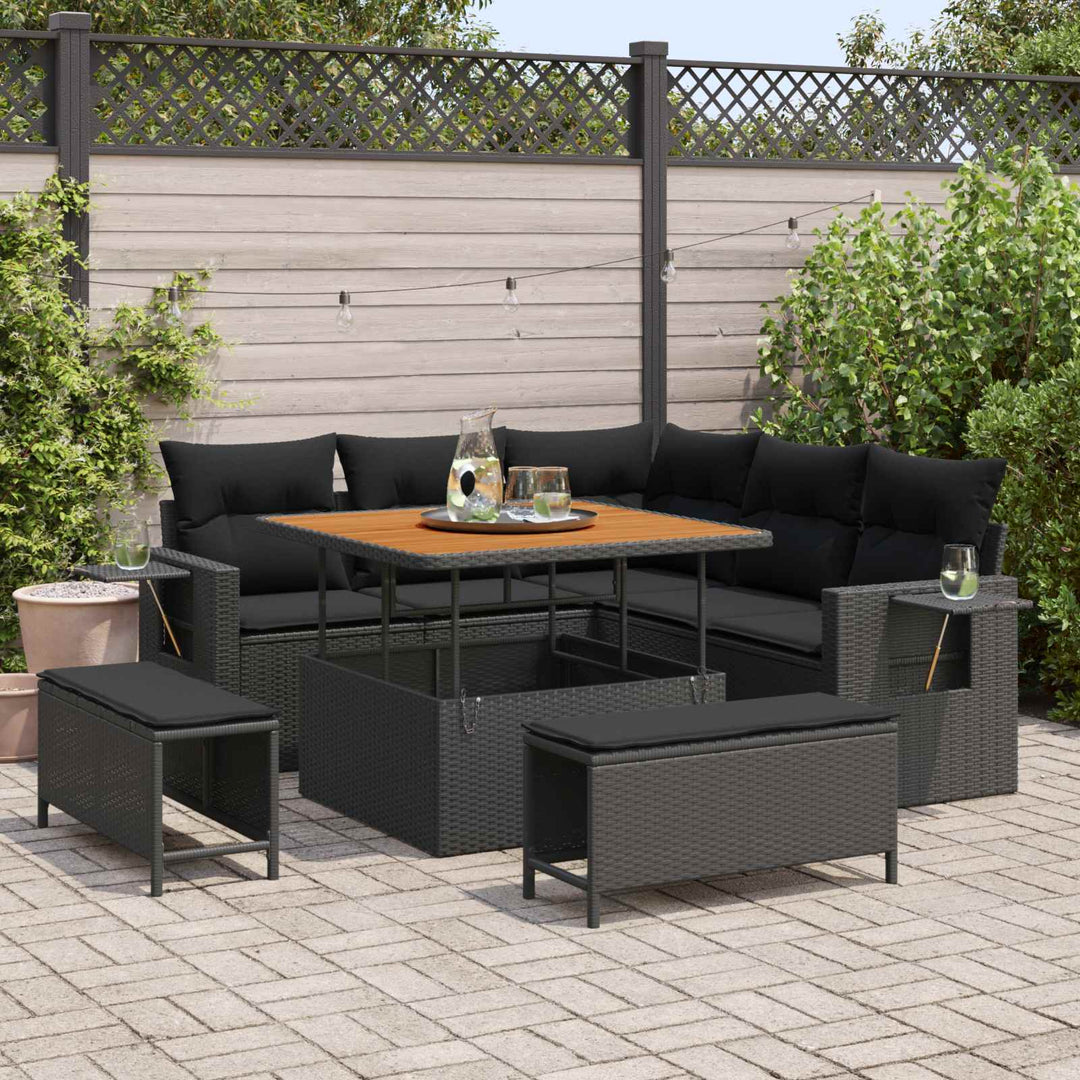 Havesofa Sæt med pude 8 pcs Sort polyrattan