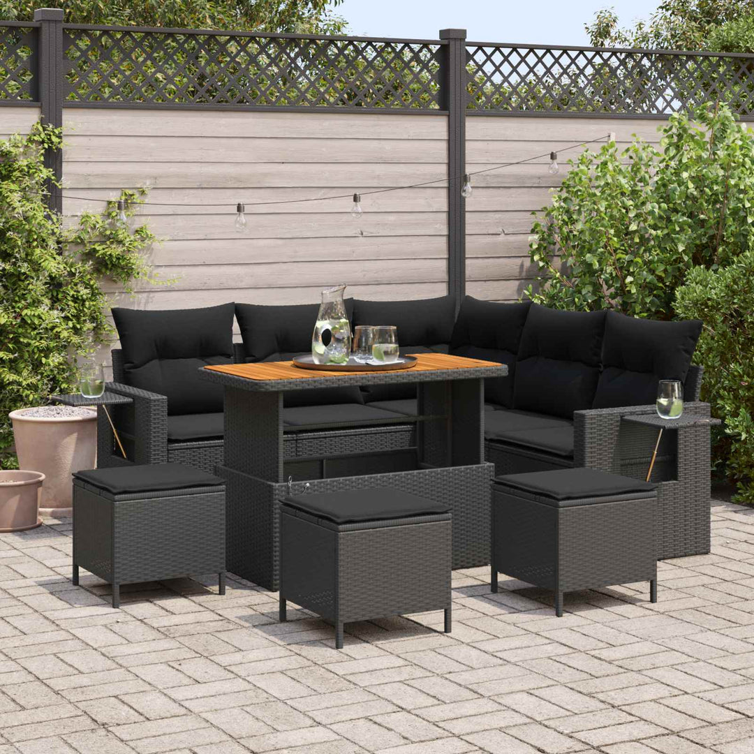 Havesofa Sæt med pude 9 pcs Sort polyrattan