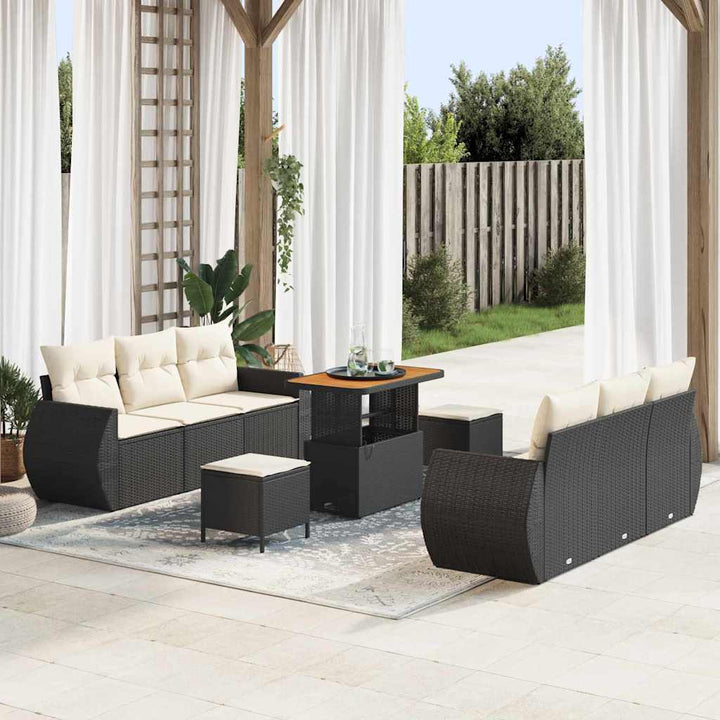 Havesofa Sæt med pude med opbevaring 9 pcs Sort polyrattan