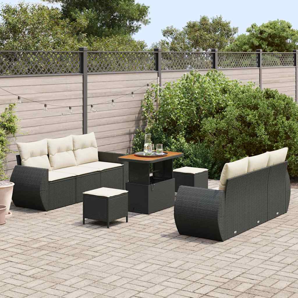 Havesofa Sæt med pude med opbevaring 9 pcs Sort polyrattan