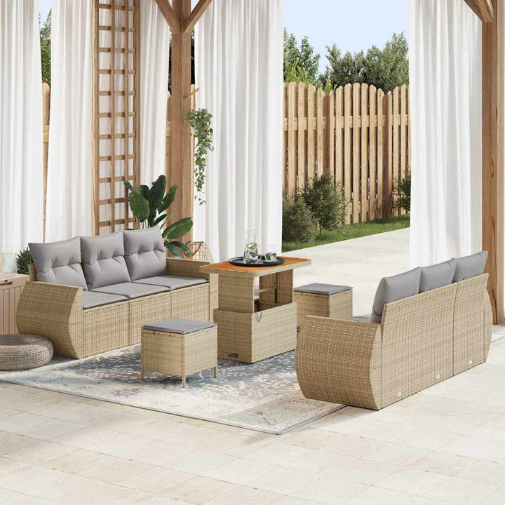 Havesofa Sæt med pude med opbevaring 9 pcs Beige polyrattan