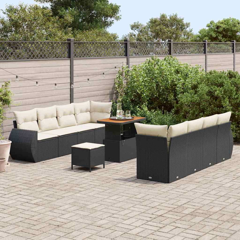 Havesofa Sæt med pude med opbevaring 11 pcs Sort polyrattan