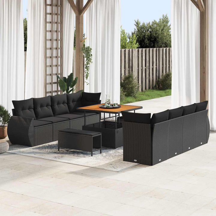 Havesofa Sæt med pude med opbevaring 11 pcs Sort polyrattan