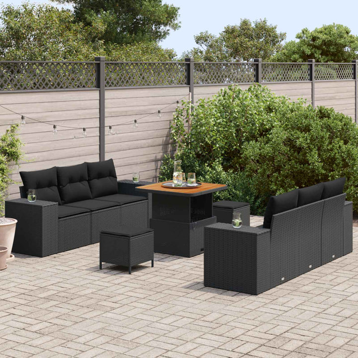 Havesofa Sæt med pude 9 pcs Sort Poly rattan