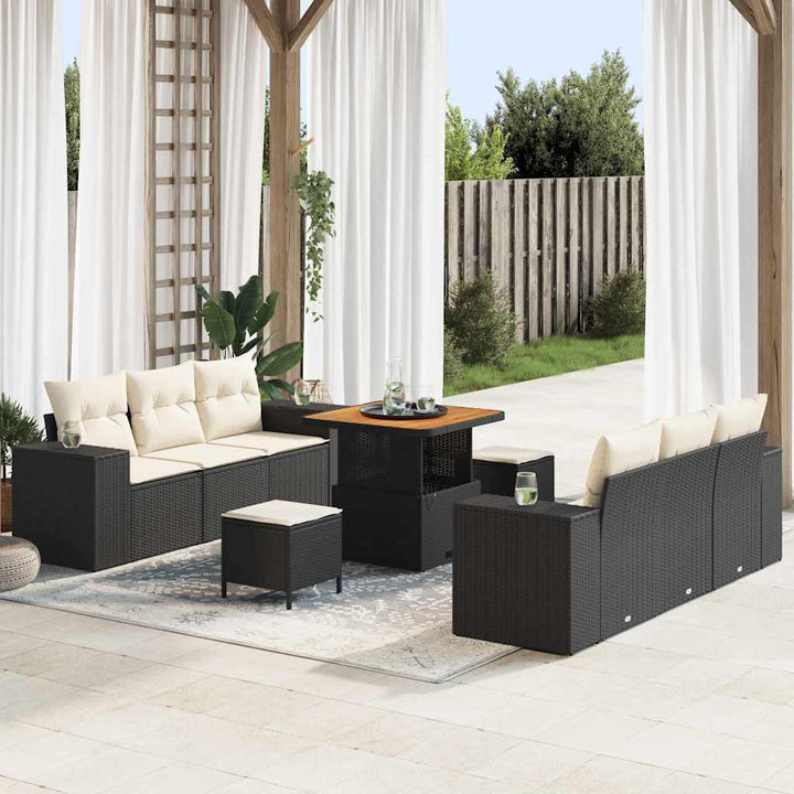 Havesofa Sæt med pude 9 pcs Sort Poly rattan