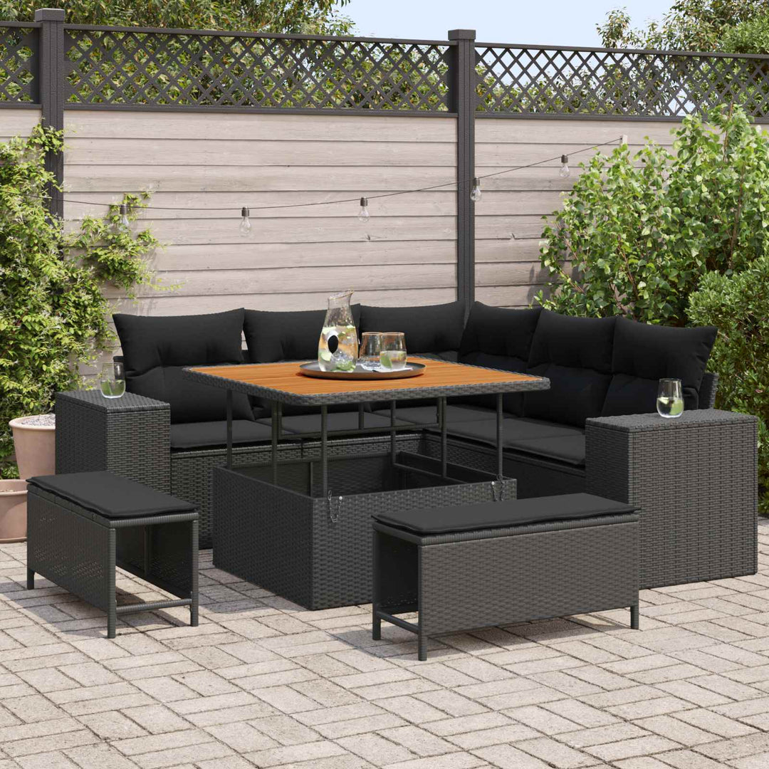 Havesofa Sæt med pude 8 pcs Sort polyrattan